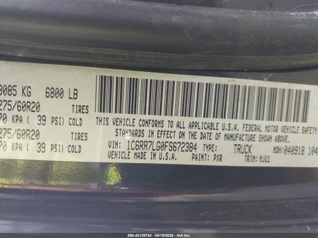 Aukcja sprzedaży 2015 Ram 1500 Big Horn, vin: 1C6RR7LG0FS672384, numer aukcji: 45139754