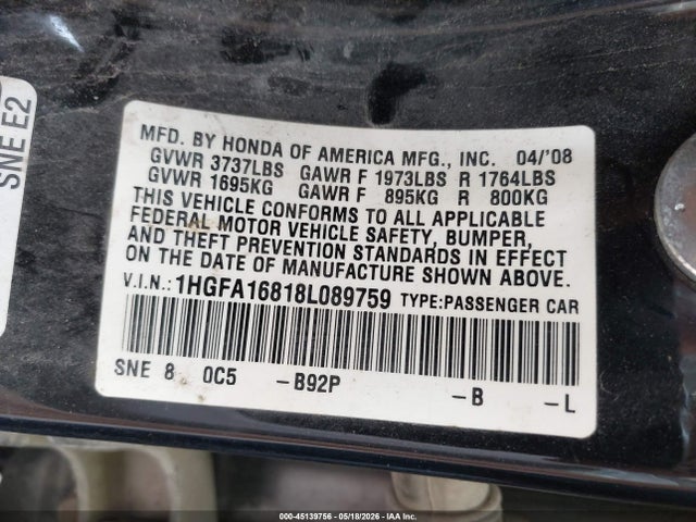 Продаж на аукціоні авто 2008 Honda Civic Ex, vin: 1HGFA16818L089759, номер лоту: 45139756