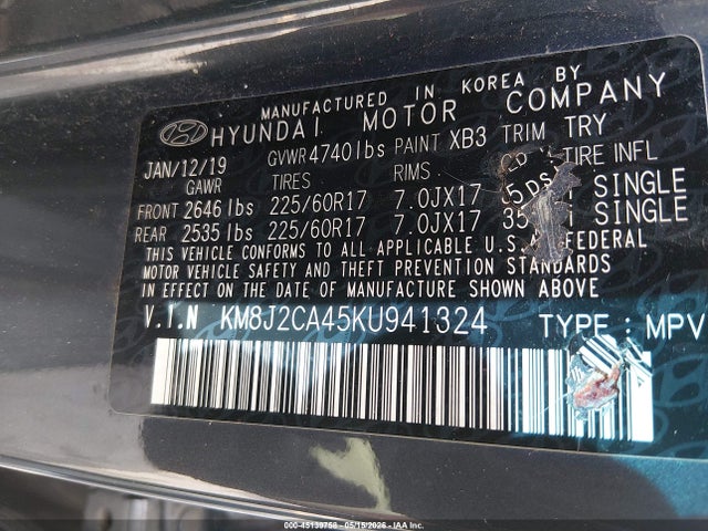 45139758 :رقم المزاد ، KM8J2CA45KU941324 vin ، 2019 Hyundai Tucson Se مزاد بيع
