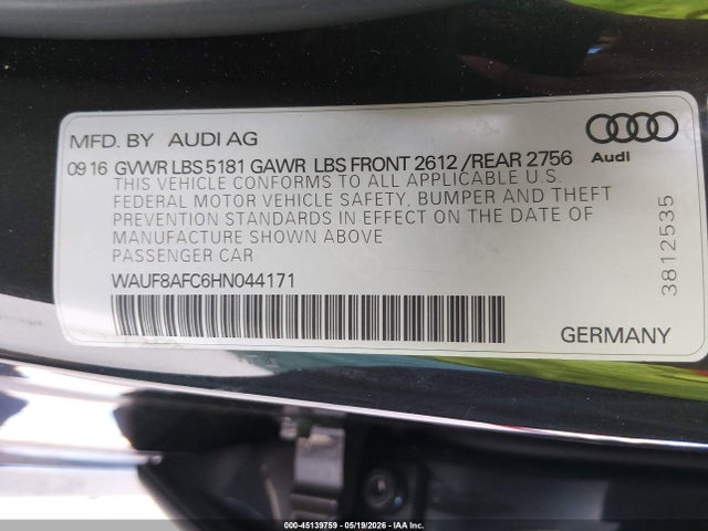 2017 Audi A6 2.0t Premium მანქანა იყიდება აუქციონზე, vin: WAUF8AFC6HN044171, აუქციონის ნომერი: 45139759