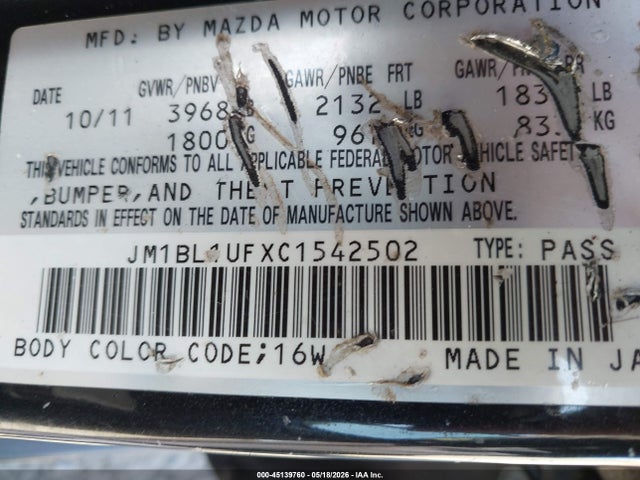 2012 Mazda Mazda3 I Sport მანქანა იყიდება აუქციონზე, vin: JM1BL1UFXC1542502, აუქციონის ნომერი: 45139760