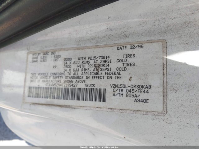 Aukcja sprzedaży 1996 Toyota Tacoma Xtracab, vin: 4TAVN52N4TZ139427, numer aukcji: 45139762