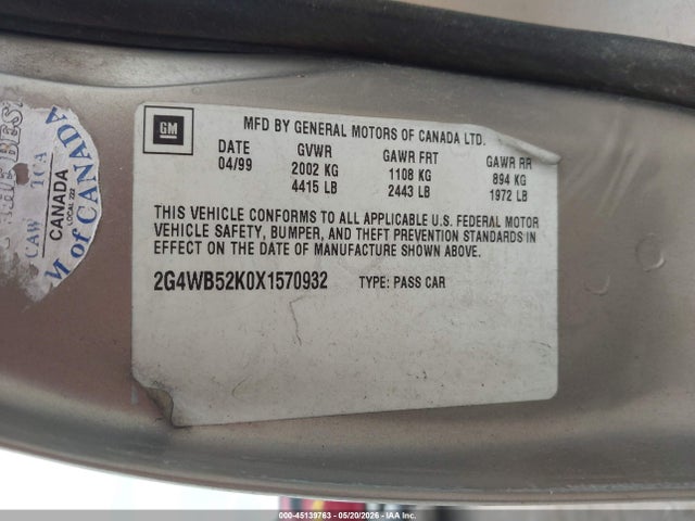 Aukcja sprzedaży 1999 Buick Regal Ls, vin: 2G4WB52K0X1570932, numer aukcji: 45139763