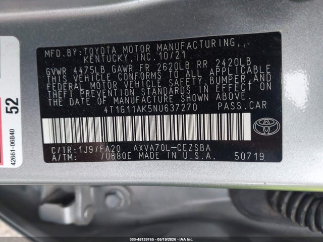 Aukcja sprzedaży 2022 Toyota Camry Se, vin: 4T1G11AK5NU637270, numer aukcji: 45139765