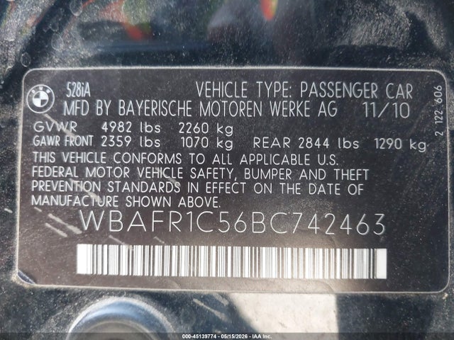 Продажа на аукционе авто 2011 Bmw 528i, vin: WBAFR1C56BC742463, номер лота: 45139774