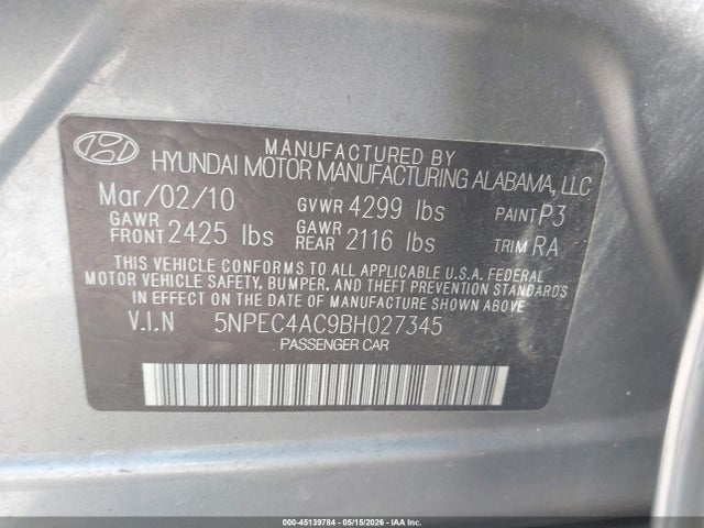 2011 Hyundai Sonata Ltd მანქანა იყიდება აუქციონზე, vin: 5NPEC4AC9BH027345, აუქციონის ნომერი: 45139784