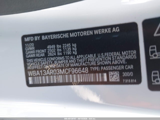 Aukcja sprzedaży 2021 Bmw M440i Xdrive, vin: WBA13AR03MCF96648, numer aukcji: 45139787