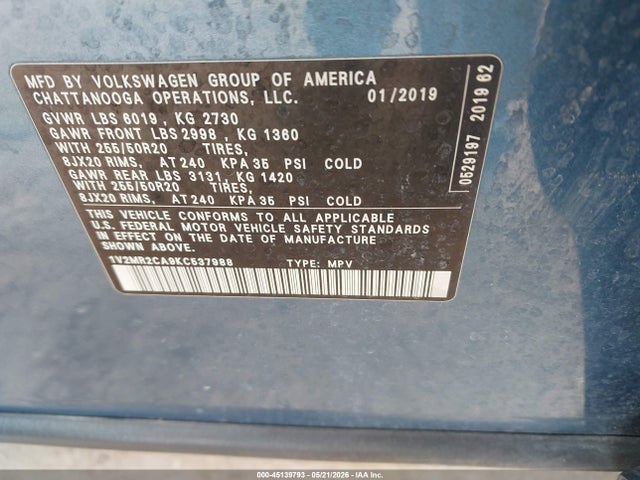 Aukcja sprzedaży 2019 Volkswagen Atlas 3.6l V6 Sel, vin: 1V2MR2CA9KC537988, numer aukcji: 45139793
