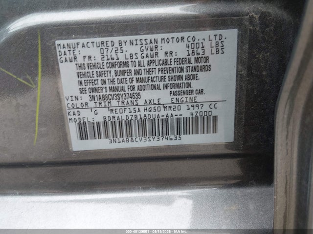 2025 Nissan Sentra Sv მანქანა იყიდება აუქციონზე, vin: 3N1AB8CV3SY374635, აუქციონის ნომერი: 45139801
