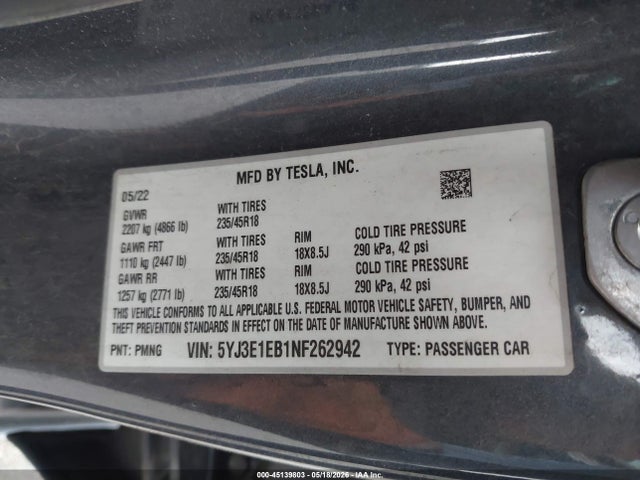 Aukcja sprzedaży 2022 Tesla Model 3 Long Range Dual Motor All-wheel Drive, vin: 5YJ3E1EB1NF262942, numer aukcji: 45139803
