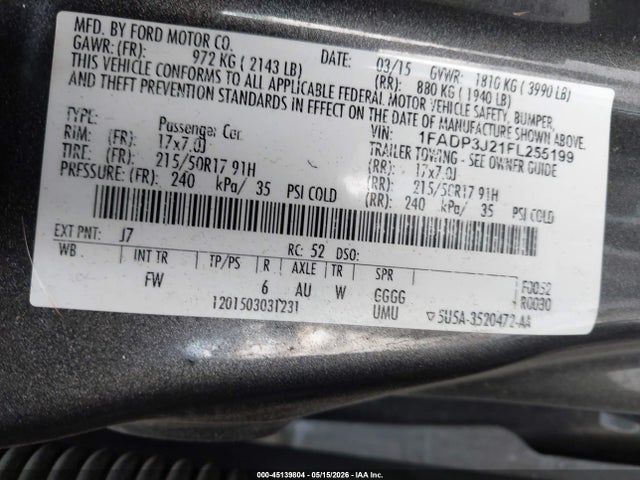 Продажа на аукционе авто 2015 Ford Focus Titanium, vin: 1FADP3J21FL255199, номер лота: 45139804