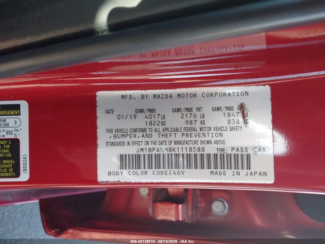 Aukcja sprzedaży 2019 Mazda Mazda3 Premium Package, vin: JM1BPANM8K1118588, numer aukcji: 45139810