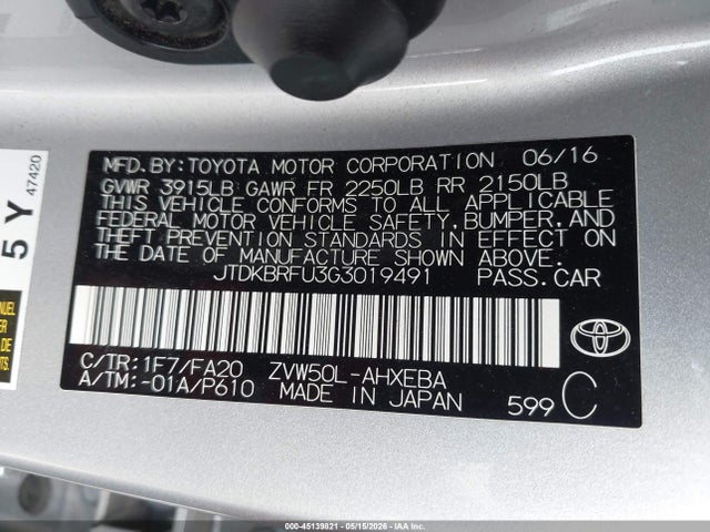 Продаж на аукціоні авто 2016 Toyota Prius Two, vin: JTDKBRFU3G3019491, номер лоту: 45139821