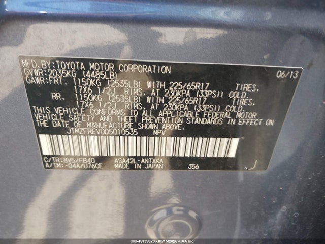 2013 Toyota Rav4 Le მანქანა იყიდება აუქციონზე, vin: JTMZFREV0D5010535, აუქციონის ნომერი: 45139823
