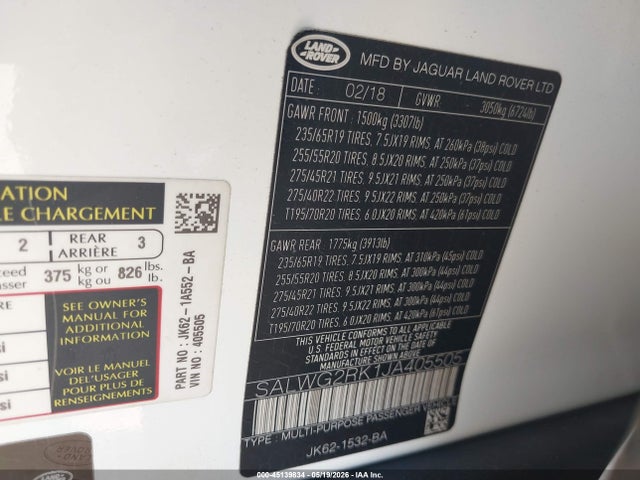 Продажа на аукционе авто 2018 Land Rover Range Rover Sport Se Td6, vin: SALWG2RK1JA405505, номер лота: 45139834