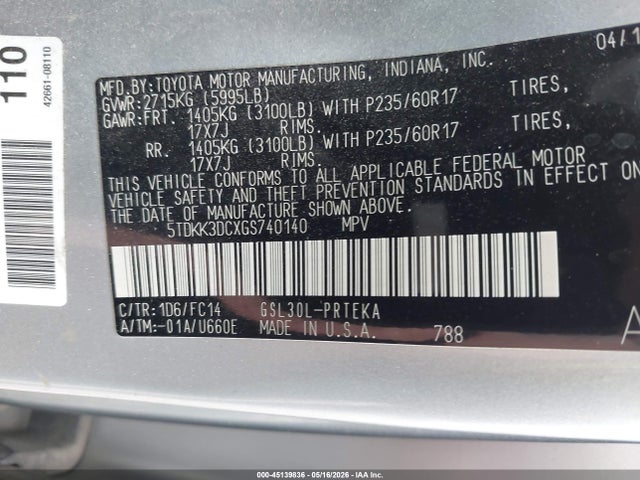 Продаж на аукціоні авто 2016 Toyota Sienna Le 8 Passenger, vin: 5TDKK3DCXGS740140, номер лоту: 45139836