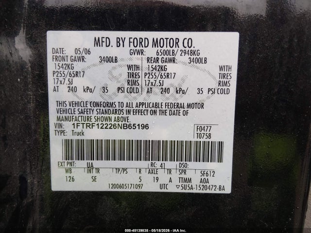 2006 Ford F-150 Stx/xl/xlt მანქანა იყიდება აუქციონზე, vin: 1FTRF12226NB65196, აუქციონის ნომერი: 45139838