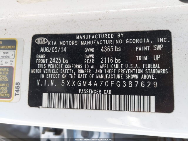 45139846 :رقم المزاد ، 5XXGM4A70FG387629 vin ، 2015 Kia Optima Lx مزاد بيع