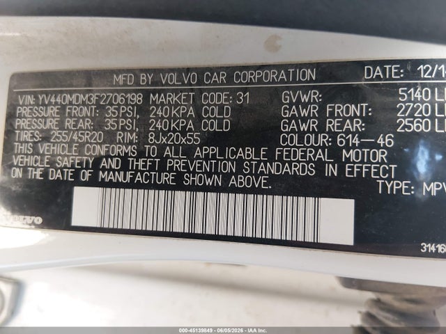 45139849 :رقم المزاد ، YV440MDM3F2706198 vin ، 2015 Volvo Xc60 T5 Platinum مزاد بيع