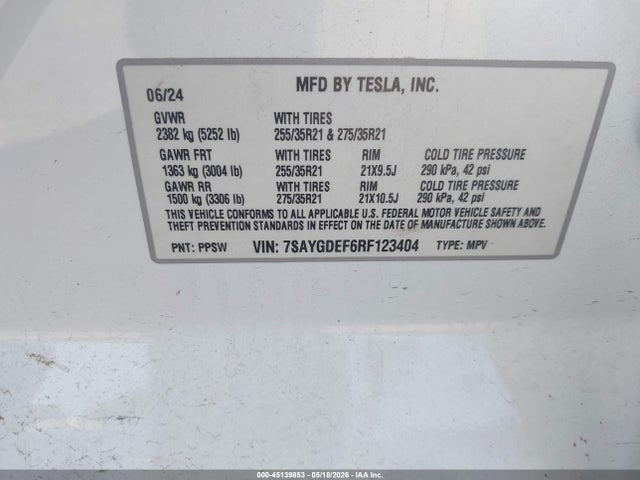 45139853 :رقم المزاد ، 7SAYGDEF6RF123404 vin ، 2024 Tesla Model Y Performance Dual Motor All-wheel Drive مزاد بيع