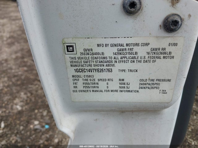 Продаж на аукціоні авто 2000 Chevrolet Silverado 1500, vin: 1GCEC14V7YE261763, номер лоту: 45139852