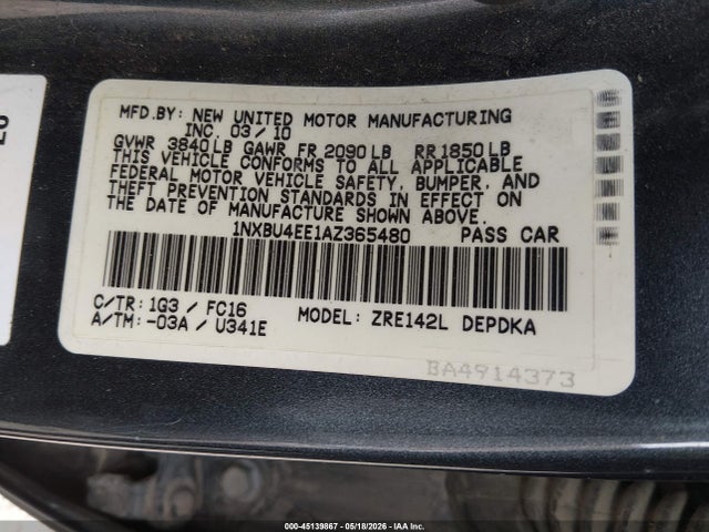 Aukcja sprzedaży 2010 Toyota Corolla Le, vin: 1NXBU4EE1AZ365480, numer aukcji: 45139867