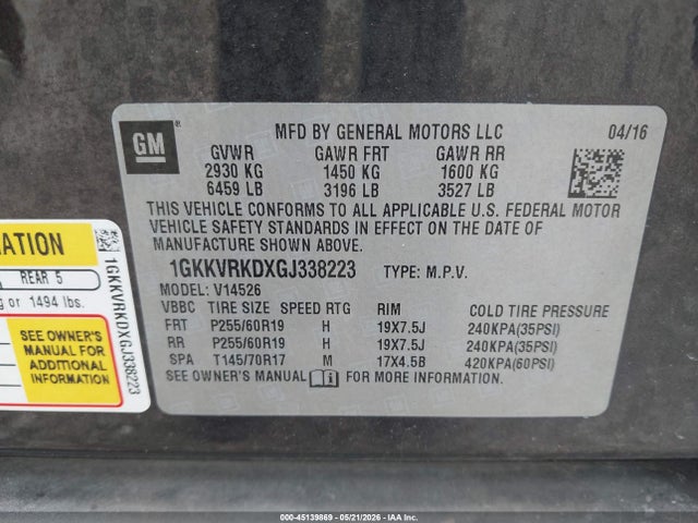 1GKKVRKDXGJ338223 GMC Acadia Slt-1