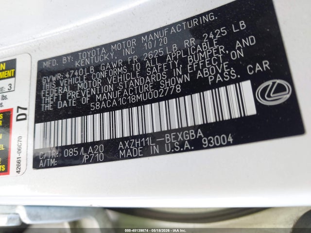 Lexus ES 300H 2021 58ACA1C18MU002778 Image 9