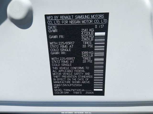 45139883 :رقم المزاد ، KNMAT2MVXJP525654 vin ، 2018 Nissan Rogue S مزاد بيع