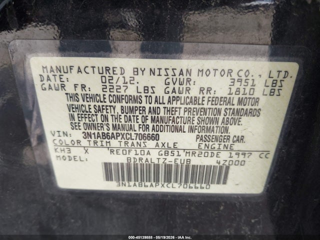2012 Nissan Sentra 2.0 Sr მანქანა იყიდება აუქციონზე, vin: 3N1AB6APXCL706660, აუქციონის ნომერი: 45139888