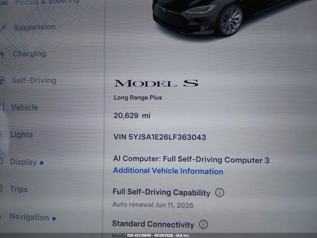 Aukcja sprzedaży 2020 Tesla Model S Long Range Dual Motor All-wheel Drive/long Range Plus Dual Motor All-wheel Drive, vin: 5YJSA1E26LF363043, numer aukcji: 45139890
