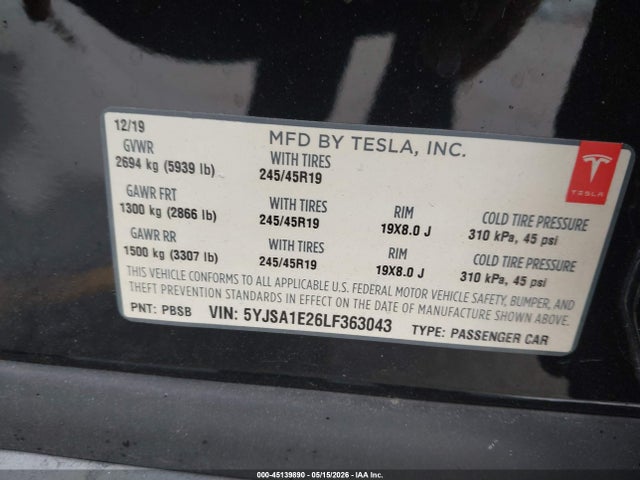 Aukcja sprzedaży 2020 Tesla Model S Long Range Dual Motor All-wheel Drive/long Range Plus Dual Motor All-wheel Drive, vin: 5YJSA1E26LF363043, numer aukcji: 45139890