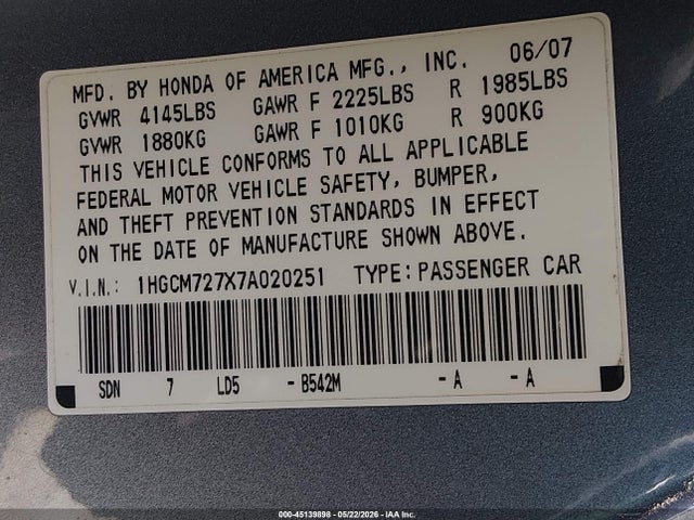 45139898 :رقم المزاد ، 1HGCM727X7A020251 vin ، 2007 Honda Accord 2.4 Ex مزاد بيع