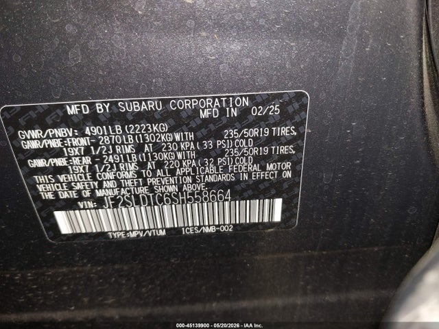 Aukcja sprzedaży 2025 Subaru Forester Touring, vin: JF2SLDTC6SH558664, numer aukcji: 45139900
