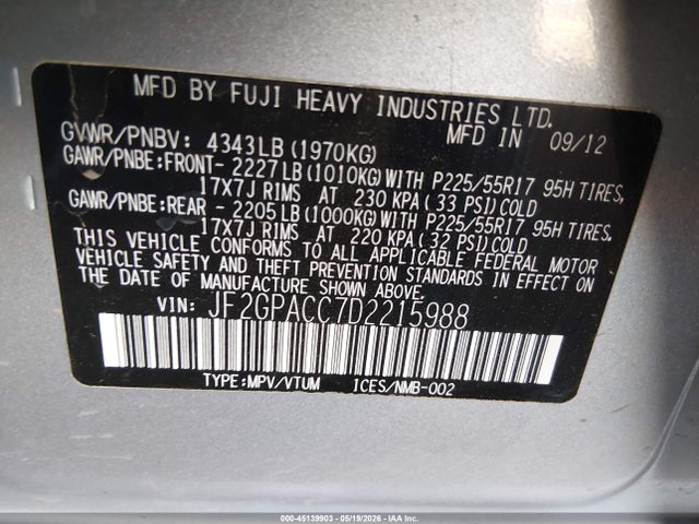 2013 Subaru Xv Crosstrek 2.0i Premium მანქანა იყიდება აუქციონზე, vin: JF2GPACC7D2215988, აუქციონის ნომერი: 45139903