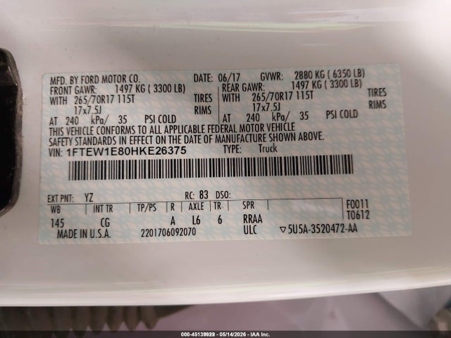 Aukcja sprzedaży 2017 Ford F-150 Xl, vin: 1FTEW1E80HKE26375, numer aukcji: 45139929