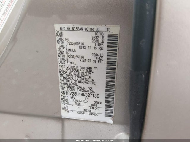 45139931 :رقم المزاد ، 5N1BV28U14N327136 vin ، 2004 Nissan Quest 3.5 S مزاد بيع