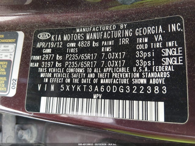 Aukcja sprzedaży 2013 Kia Sorento Lx, vin: 5XYKT3A60DG322383, numer aukcji: 45139933