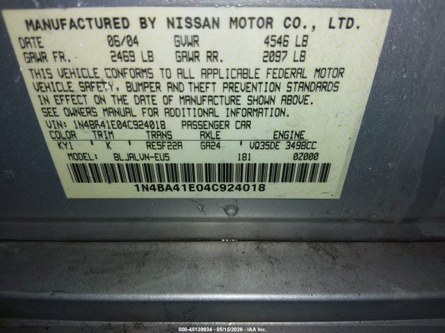 45139934 :رقم المزاد ، 1N4BA41E04C924018 vin ، 2004 Nissan Maxima 3.5 Se مزاد بيع