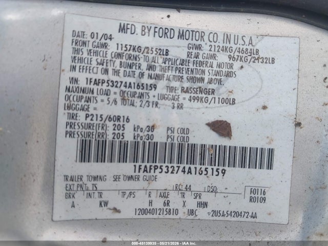 Aukcja sprzedaży 2004 Ford Taurus Se, vin: 1FAFP53274A165159, numer aukcji: 45139935