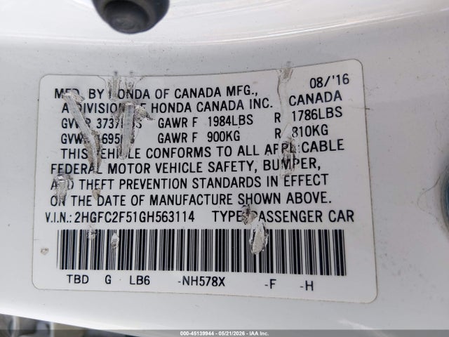 Honda Civic Lx 2016 2HGFC2F51GH563114 Image 9