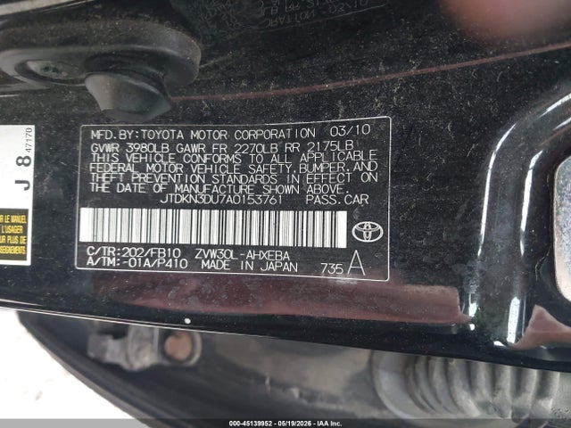 45139952 :رقم المزاد ، JTDKN3DU7A0153761 vin ، 2010 Toyota Prius Iii مزاد بيع
