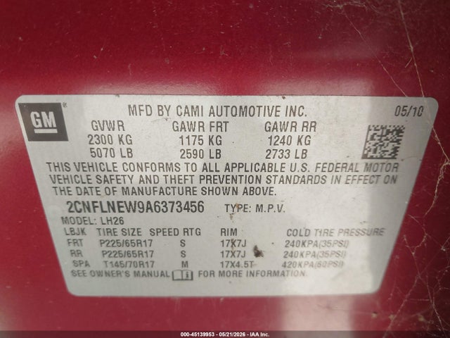 2010 Chevrolet Equinox Lt მანქანა იყიდება აუქციონზე, vin: 2CNFLNEW9A6373456, აუქციონის ნომერი: 45139953