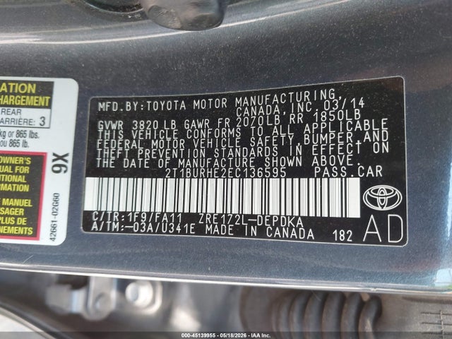 Auction sale of the 2014 Toyota Corolla L, vin: 2T1BURHE2EC136595, lot number: 45139955