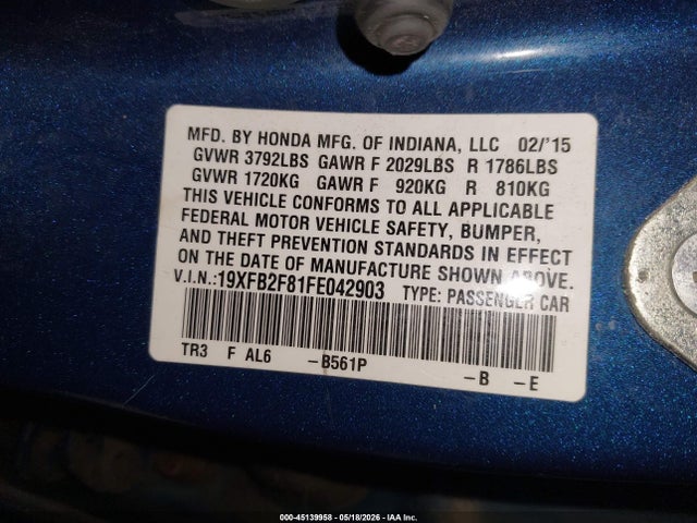 2015 Honda Civic Ex მანქანა იყიდება აუქციონზე, vin: 19XFB2F81FE042903, აუქციონის ნომერი: 45139958