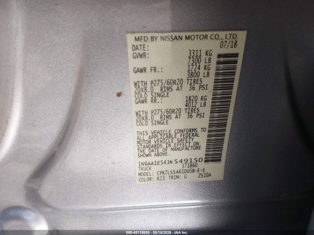 45139959 :رقم المزاد ، 1N6AA1E54JN549150 vin ، 2018 Nissan Titan Sv مزاد بيع