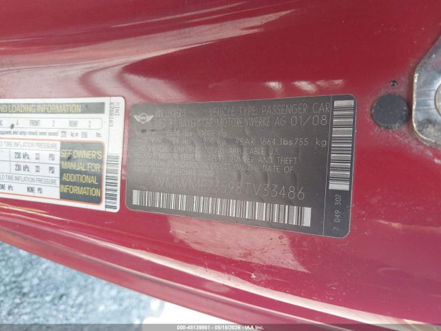 Aukcja sprzedaży 2008 Mini Cooper S, vin: WMWMF73598TV33486, numer aukcji: 45139961