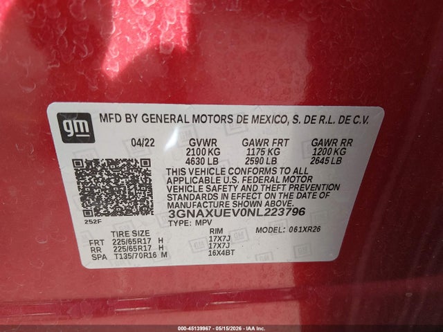 3GNAXUEV0NL223796 Chevrolet Equinox Awd Lt