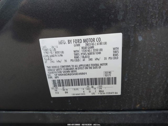 Aukcja sprzedaży 2016 Ford Explorer Xlt, vin: 1FM5K8D82GGD35501, numer aukcji: 45139968