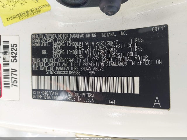 Продажа на аукционе авто 2012 Toyota Sienna Base V6 7 Passenger, vin: 5TDZK3DCXCS185988, номер лота: 45139969